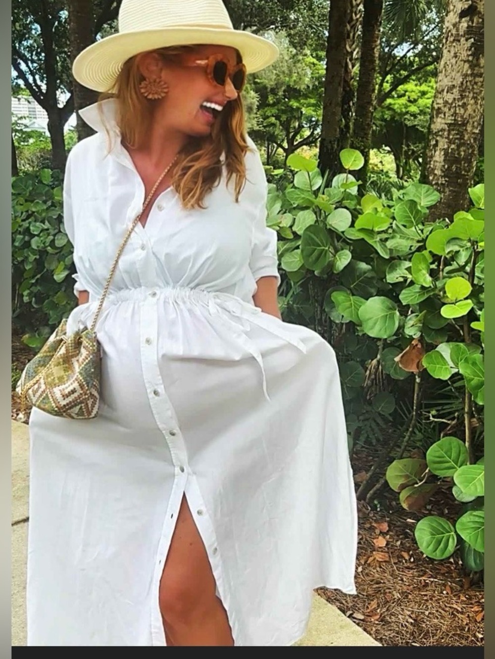 White Button-Down Drawstring Waist Shirt Dress